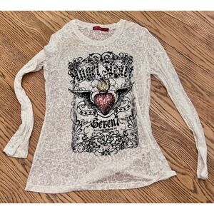 Seven7 Women White Burnout Long Sleeve Angel Heart Graphic Rhinestone Top M